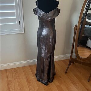 Nightway Metallic Off-Shoulder Evening Gown - Shimmering Charcoal